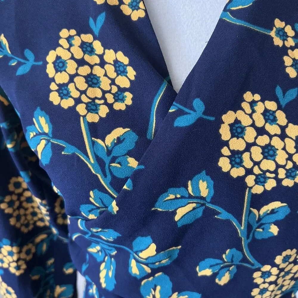 J Crew‎ Womens Floral Wrap Top Size XSmall Blue Long Sleeve Tie Waist